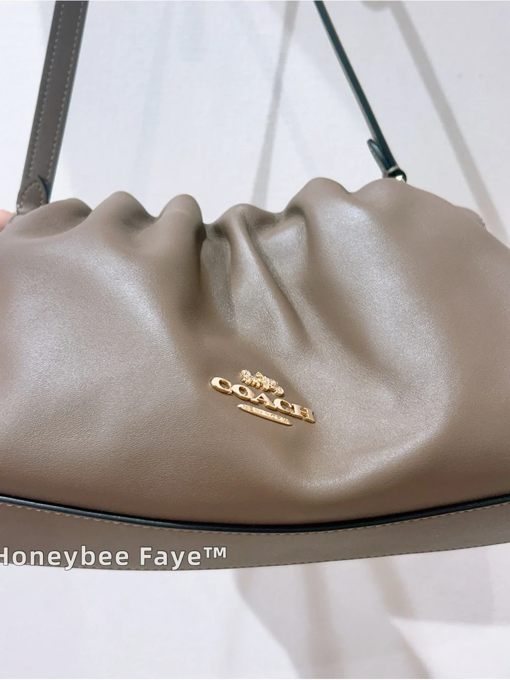 COACH Brown Ruched Leather Shoulder Bag with Gold-Tone Logo cv529 dark stone